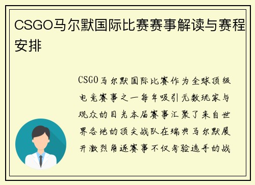 CSGO马尔默国际比赛赛事解读与赛程安排
