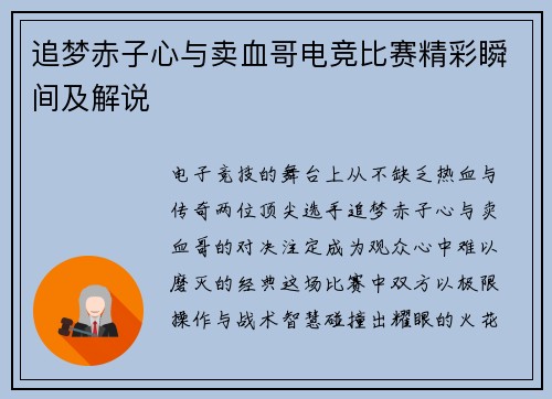 追梦赤子心与卖血哥电竞比赛精彩瞬间及解说