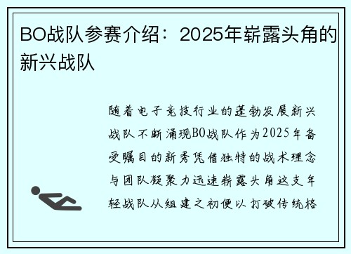 BO战队参赛介绍：2025年崭露头角的新兴战队