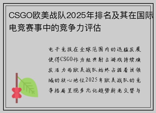 CSGO欧美战队2025年排名及其在国际电竞赛事中的竞争力评估